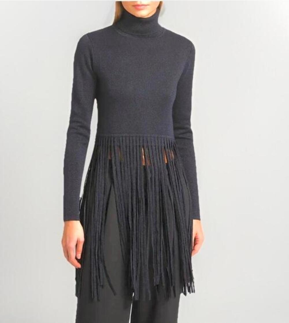 Toccin Navy Gold Giana Fringe Cropped Turtleneck Sweater Size Medium NWT